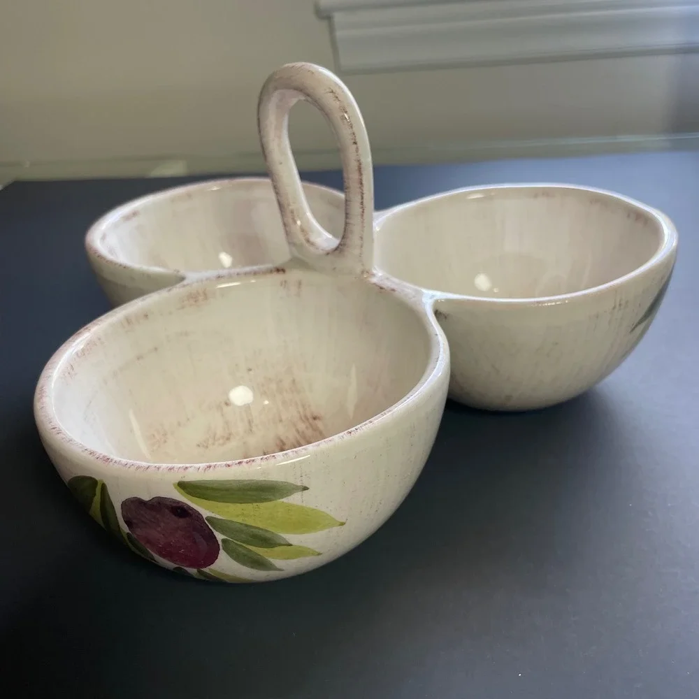 Ceramiche Alfa Italy 9.5in 3-Bowl Serving Dish Cream Olive Hand Painted Pottery